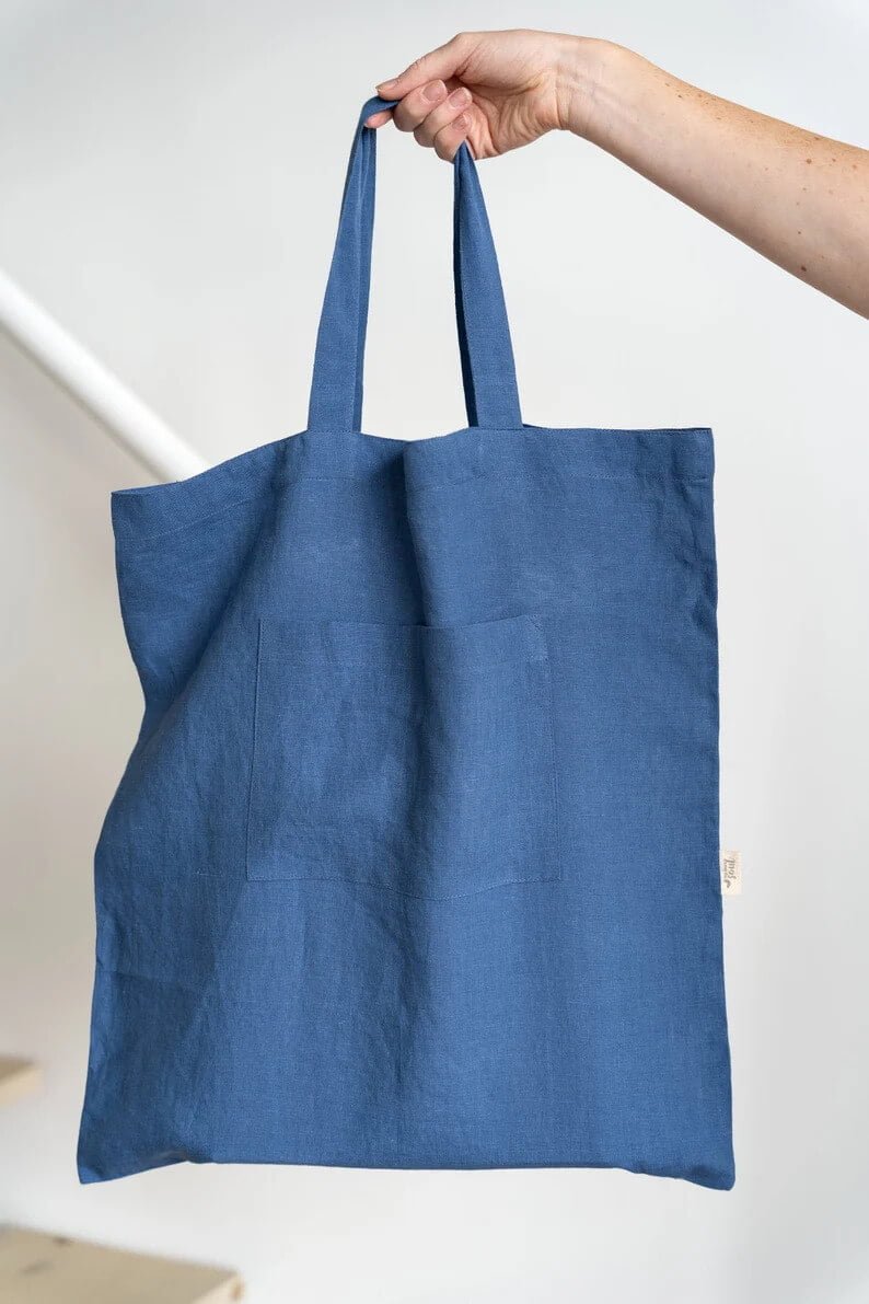 large linen tote bag blue