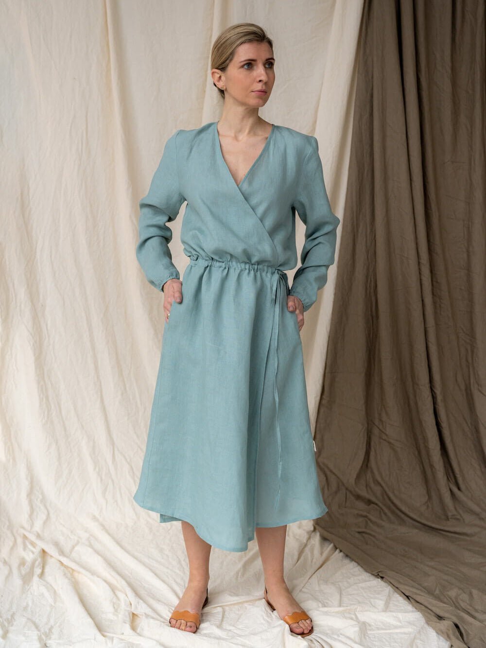 wrap up linen dress in blue