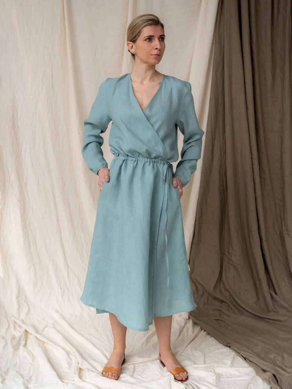 wrap up linen dress in blue