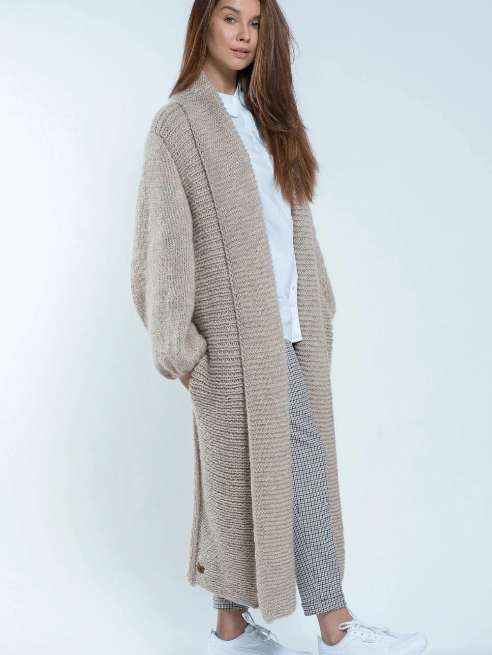 puffy sleeve natural wool maxi coat with collar