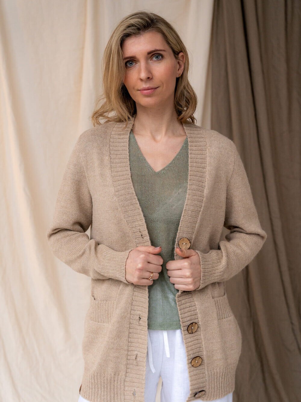 buttoned natural alpaca wool sweater