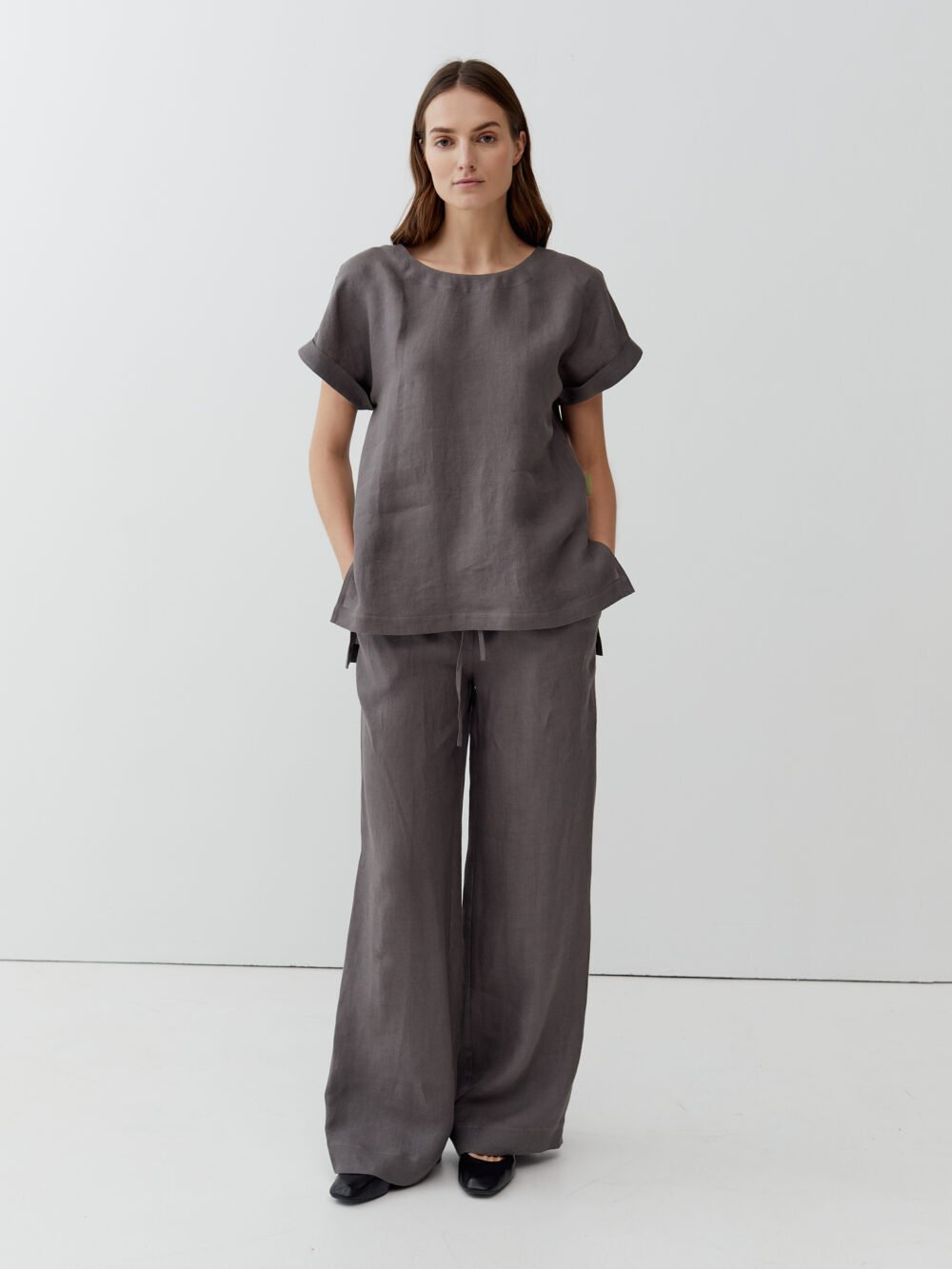 Lino palaidinės ir kelnių komplektas INDIE dark gray