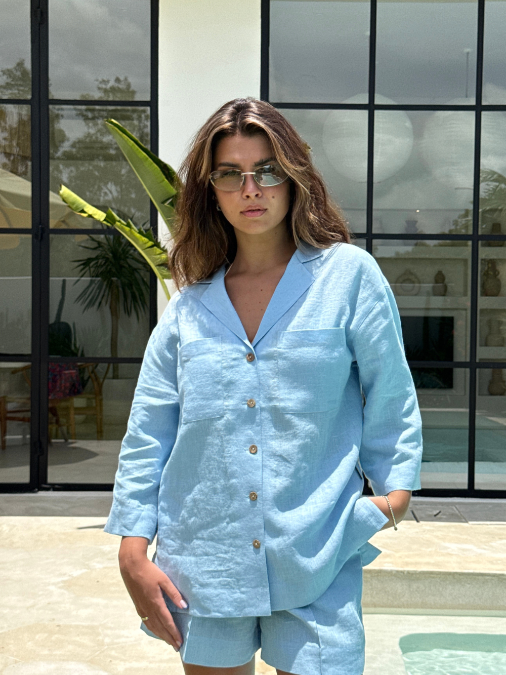 Natural linen buttoned shirt with cropped sleeves OILU