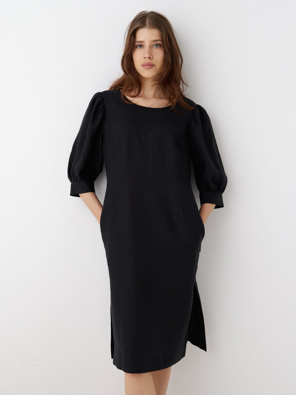 Lininė suknelė pūstomis 3/4 rankovėmis NOIR, black