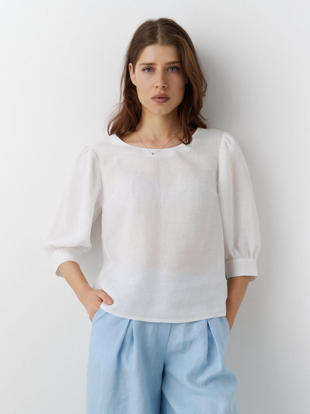 Minimalistic puffy sleeve linen top KEITE, white