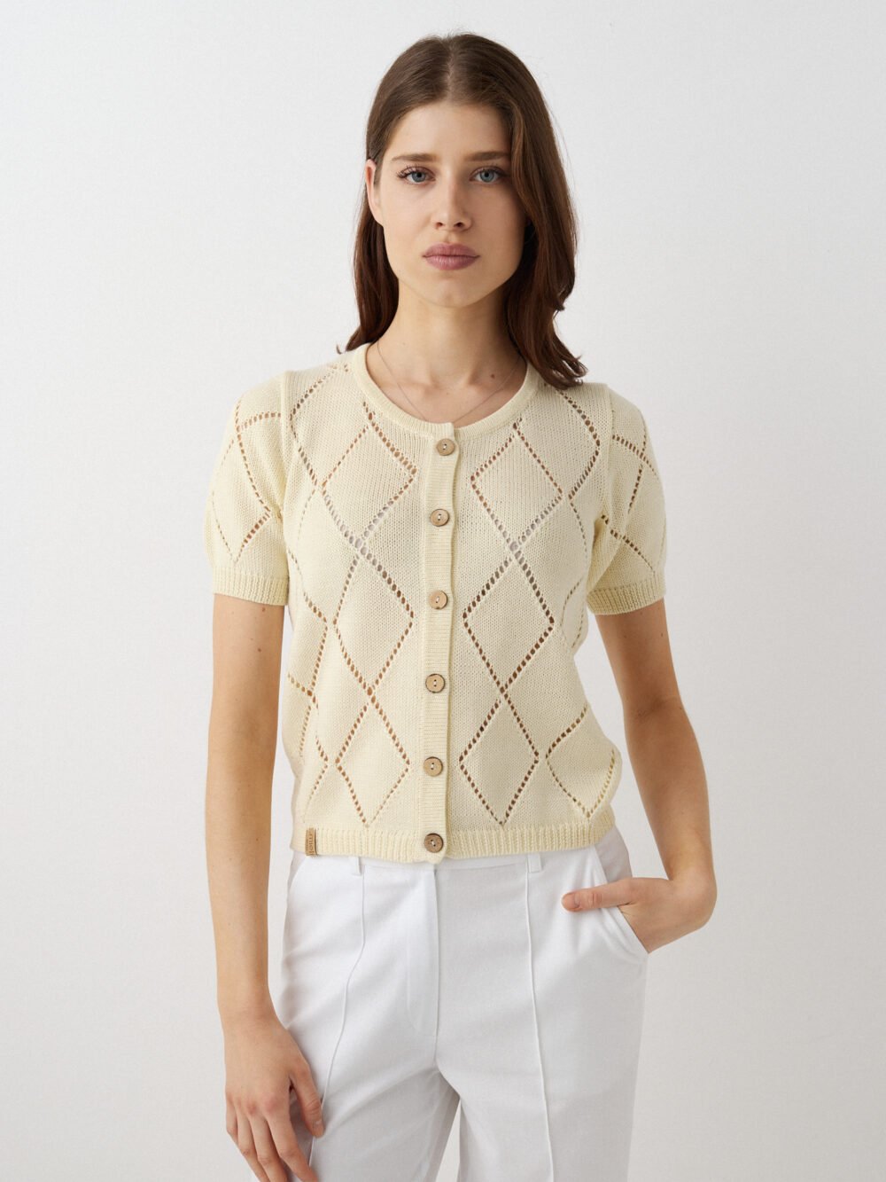 Pure merino vintage knit short sleeve top VANILLA off white
