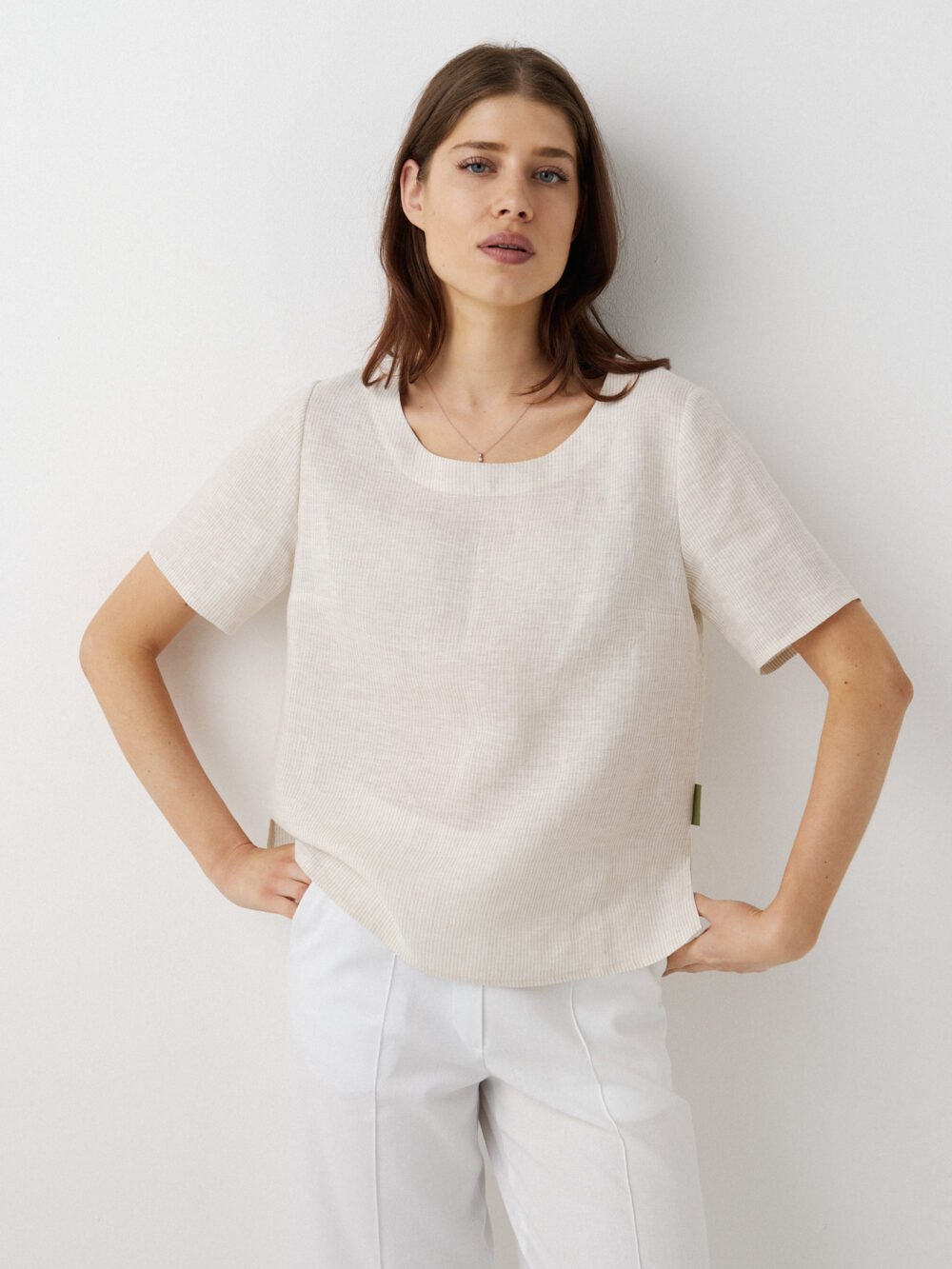 Loose fit short sleeve linen top TINA little stripe