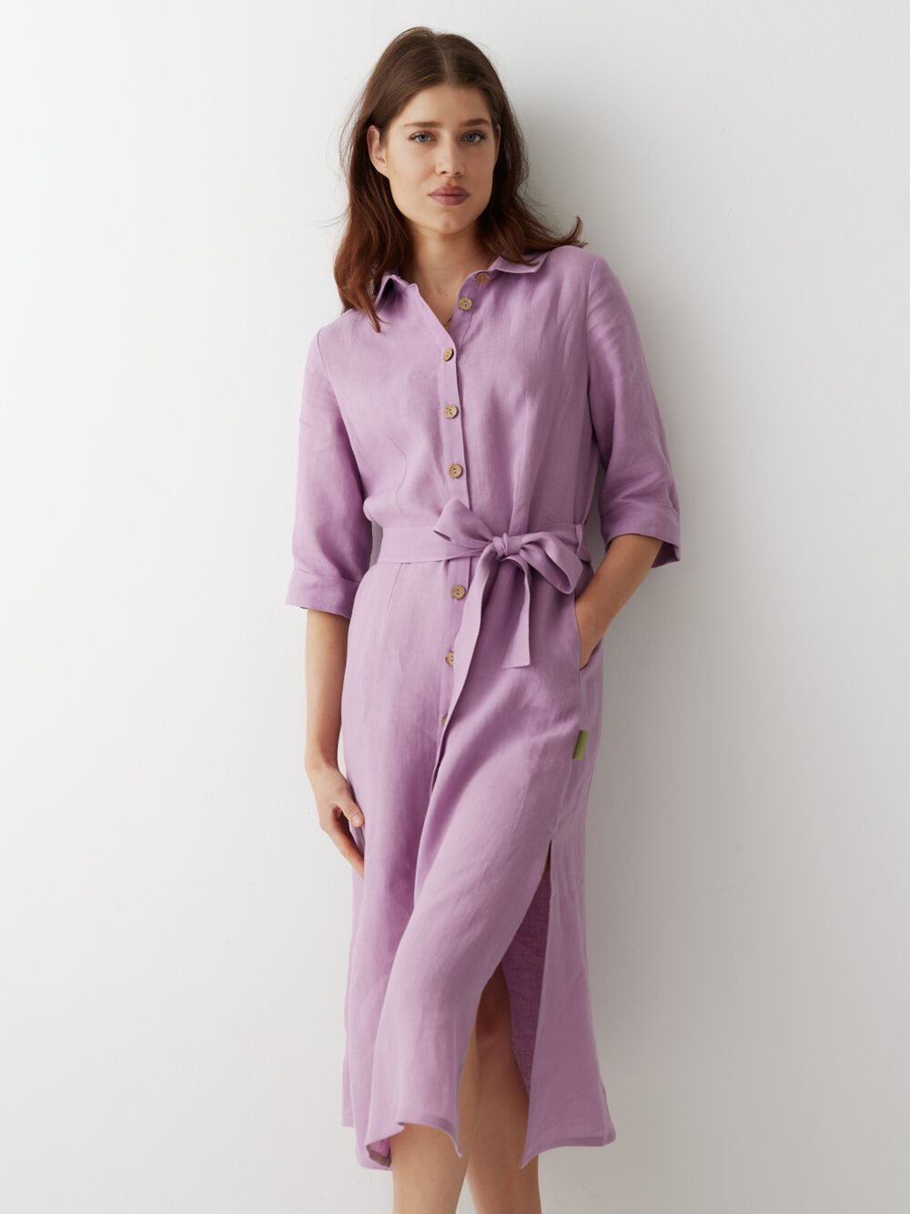 Classy women linen buttoned dress CAMILE, lilac